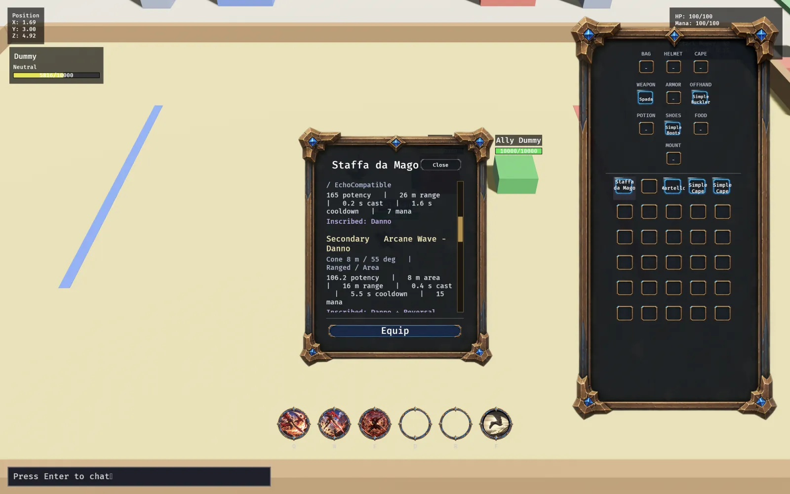 A mage staff's stats next to the equipment and inventory panels