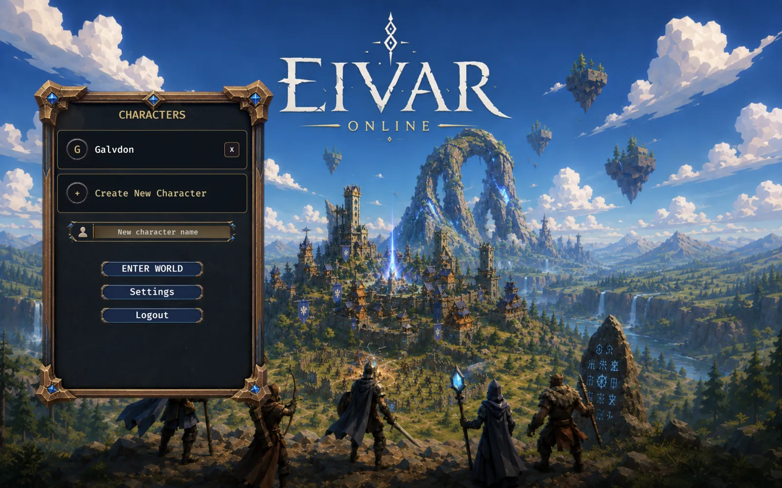 Eivar Online character select screen over the game's key art