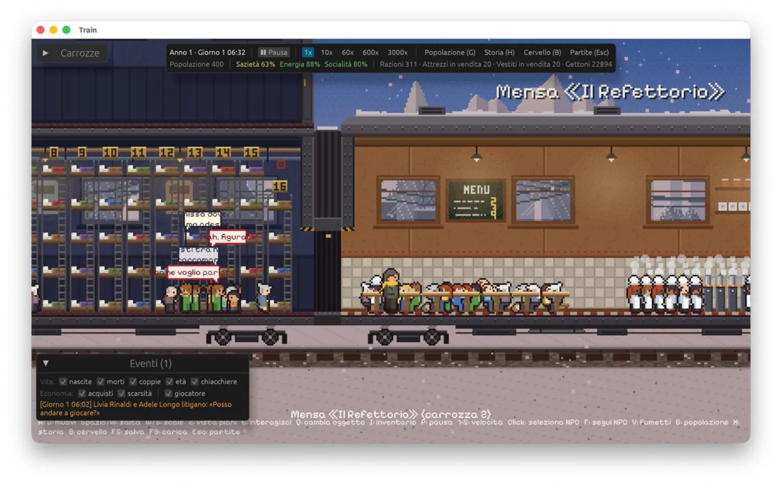 A dormitory carriage and the canteen of the train, with NPCs talking, eating and cooking